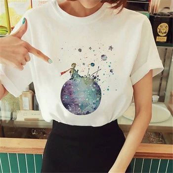 어린 왕자와 장미 만화 패턴 티셔츠, 여성 창의력 여름 하라주쿠 패션 상의, 숙녀 셔츠