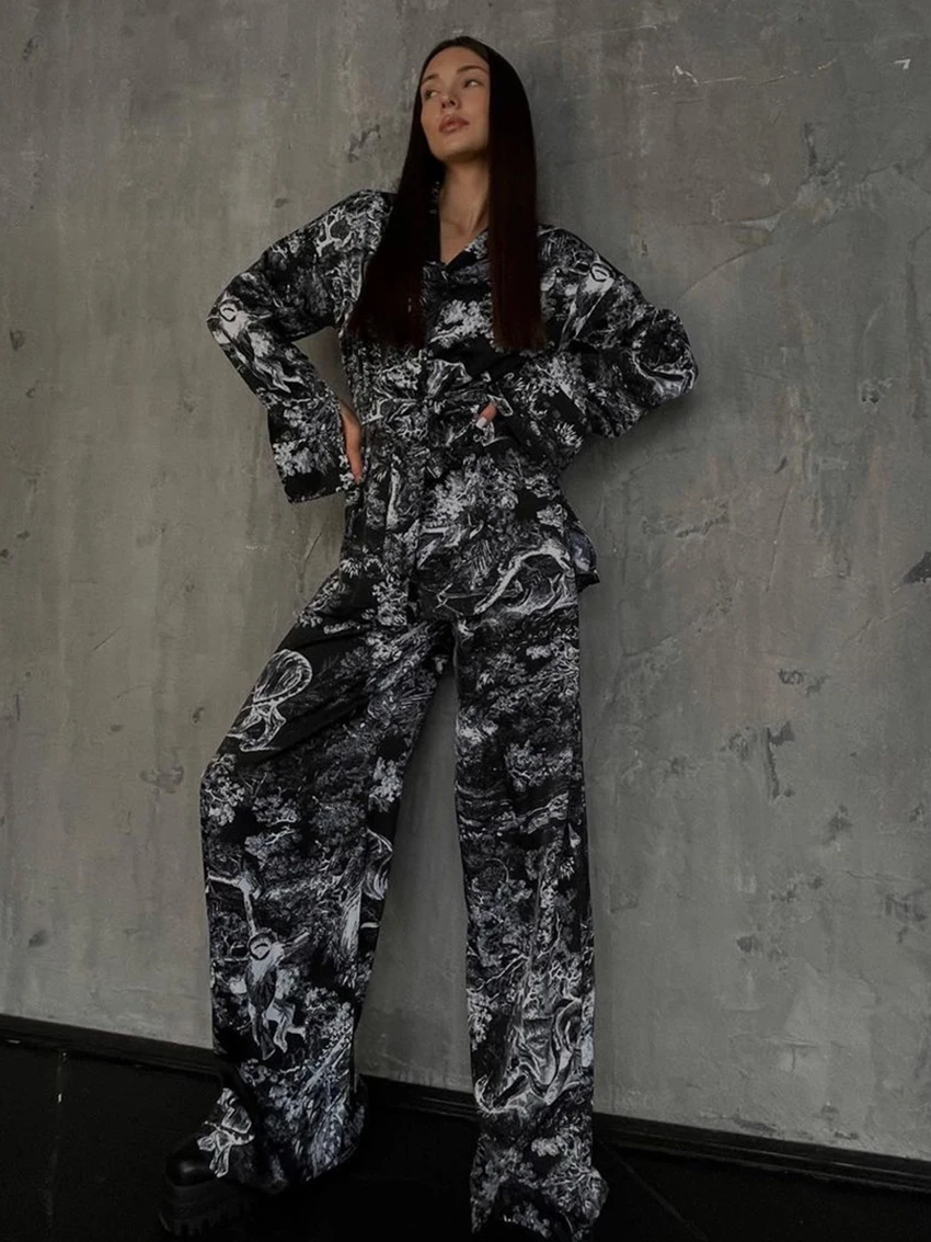 Marthaqiqi Printing Women Pajama Set Turn-Down Collar Nightwear Long Sleeve Nightgowns Pants Casual Female Nightie 2 Piece Suits