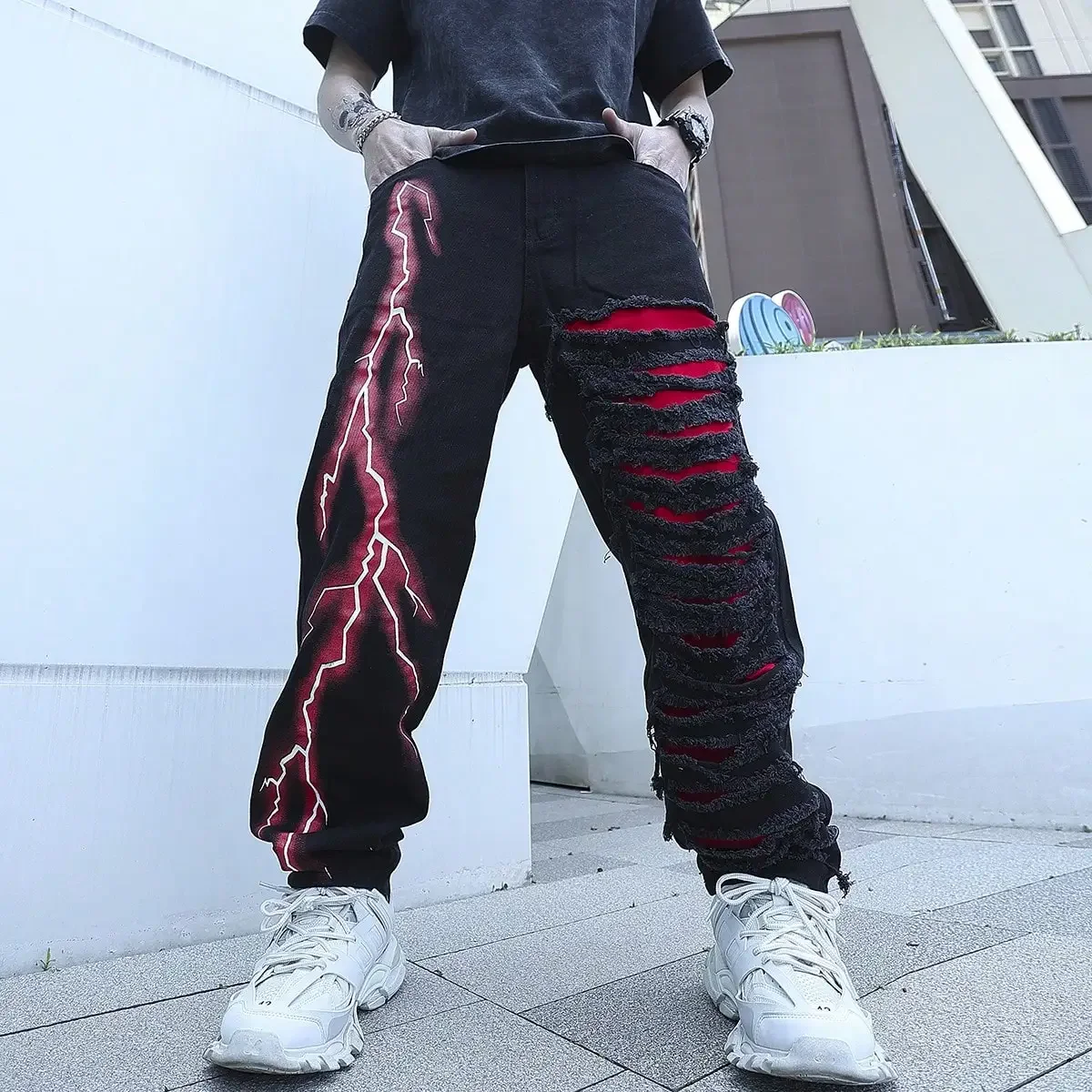 Men’s Stretchy Lightning Baggy Jeans For Men Cracked Streetwear Holes Ripped Patchwork Denim Casual Pants Slim Skinny Trousers