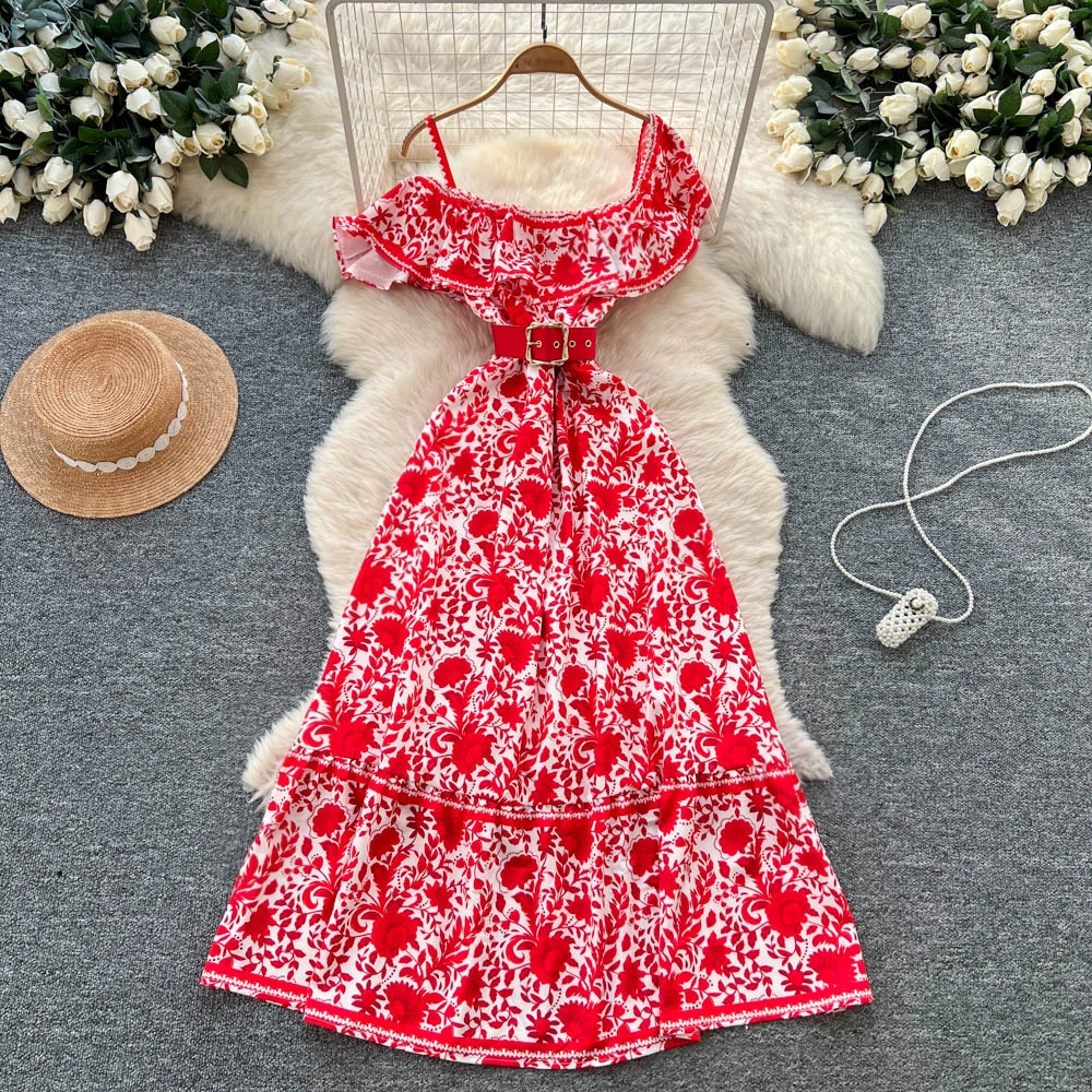 Sexy slash neck Spliced ruffle dress vintage Elegant Women Party basics ...