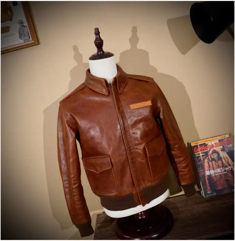 

YR!Free shipping.quality 1.3mm Oil wax cowhide coat.Men Classic Bomber genuine leather jacket.Vintage A2 Eastman wear.Cool man