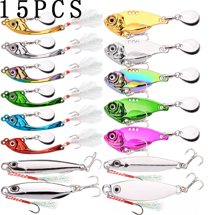 

15PCS Fishing Lures Set Wobble Rotating Metal Vib Vibration Bait Winter Fishing Artificial Hard Baits Spinner Spoon Lure Pesca