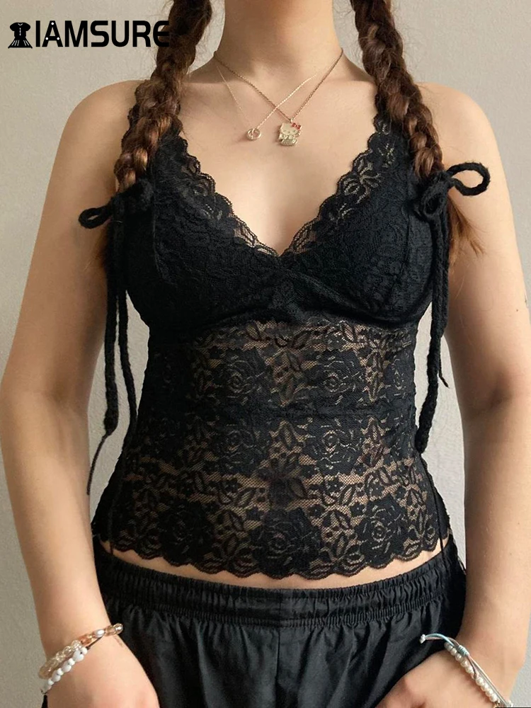 

IAMSURE Sexy Solid Patchwork Lace Tank Top See Through Slim Deep V-Neck Sleeveless Camis Tops Women 2023 Summer Streetwear Lady