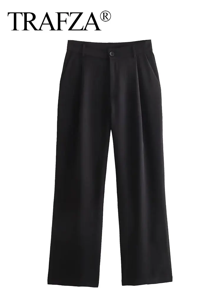 HH Women Casual Solid Pants High Waist Zipper Straight Pants 2024 Female Fashion Trousers Office Lady Wide Leg Pant