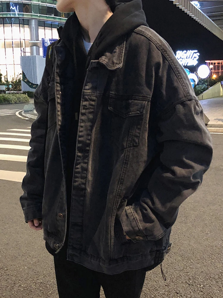 Gmiixder Black Denim Jacket Men's Autumn Handsome High Street Retro Big