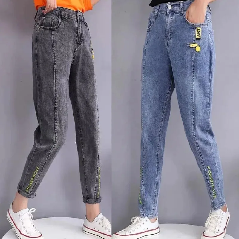 

Letter Embroidery Casual Ankle Length Kot Pantolones Baggy Hight Waist Harem Jeans Women's Korean Vintage Stretch Denim Pants