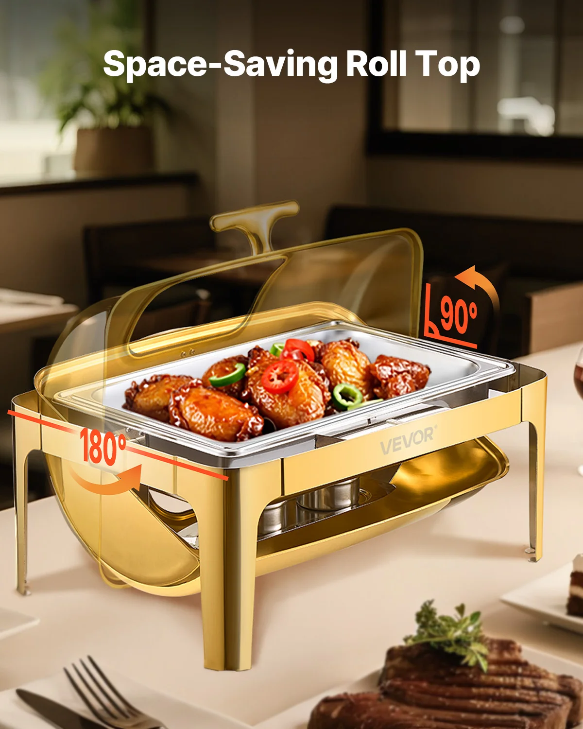 SucceBuy 9Qt Roll Top Chafing Dish Buffet Stainless Steel Chafer with Full Size Pan Visible Lid Rectangle Catering Warmer Server 5
