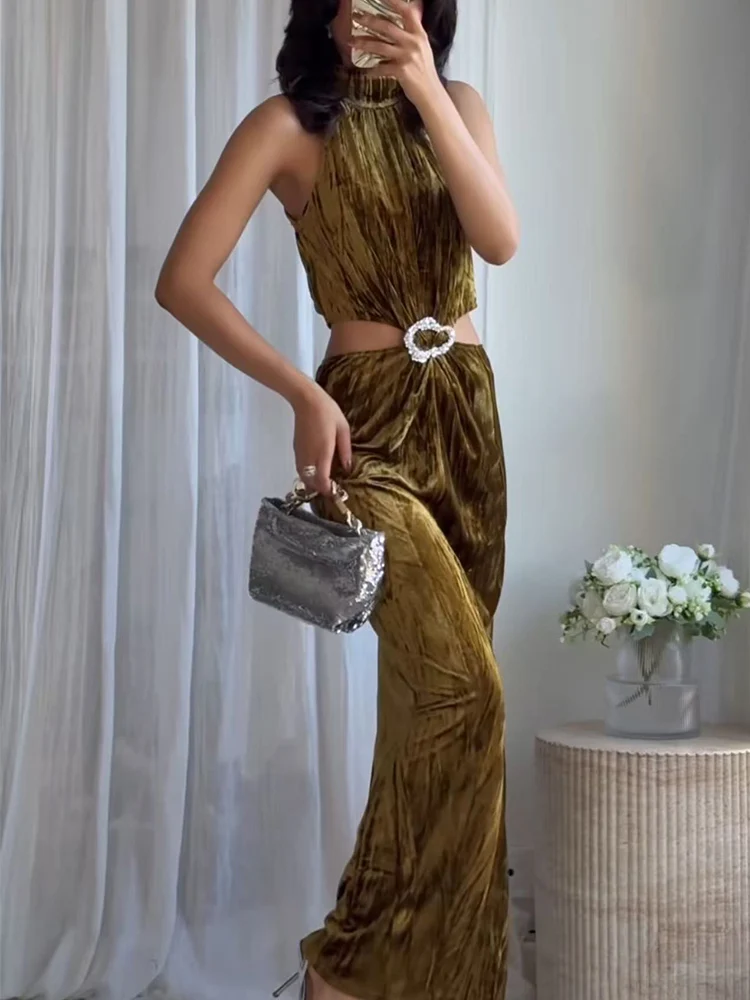 Women Sexy Maxi Dress Elegant Hollow Out Design Sleeveless Bodycon Evening Club Dress Fashion Lady Halter Neck Long Dress