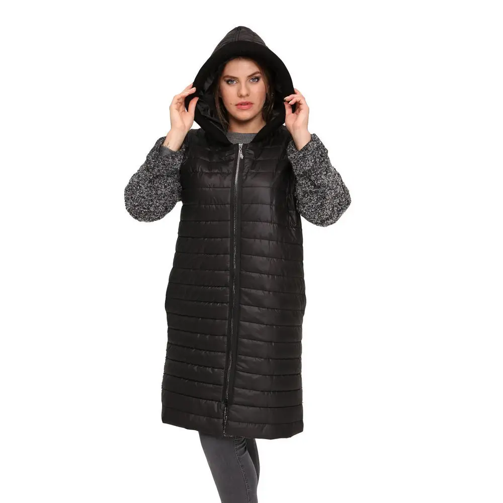 

Fierte Women Plus Size Coat Lm46090 Hood Zipper Closure Long Sleeve Pocket Winter Warm Light Black