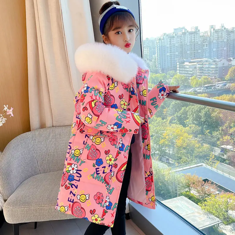 Winter Warm Jackets for Girls Two Colors Faux Fur Hooded Coat Kids