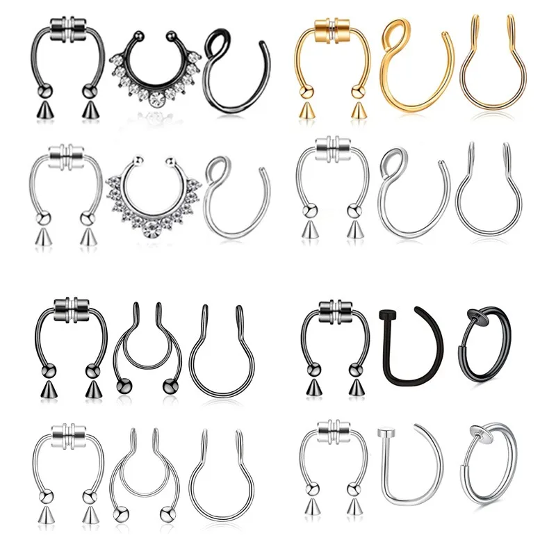 3Pcs Fake Nose Ring Magnetic Septum Ring Fake Nose Hoop Stainless Steel Horseshoe Clip On No-Pierced Septum