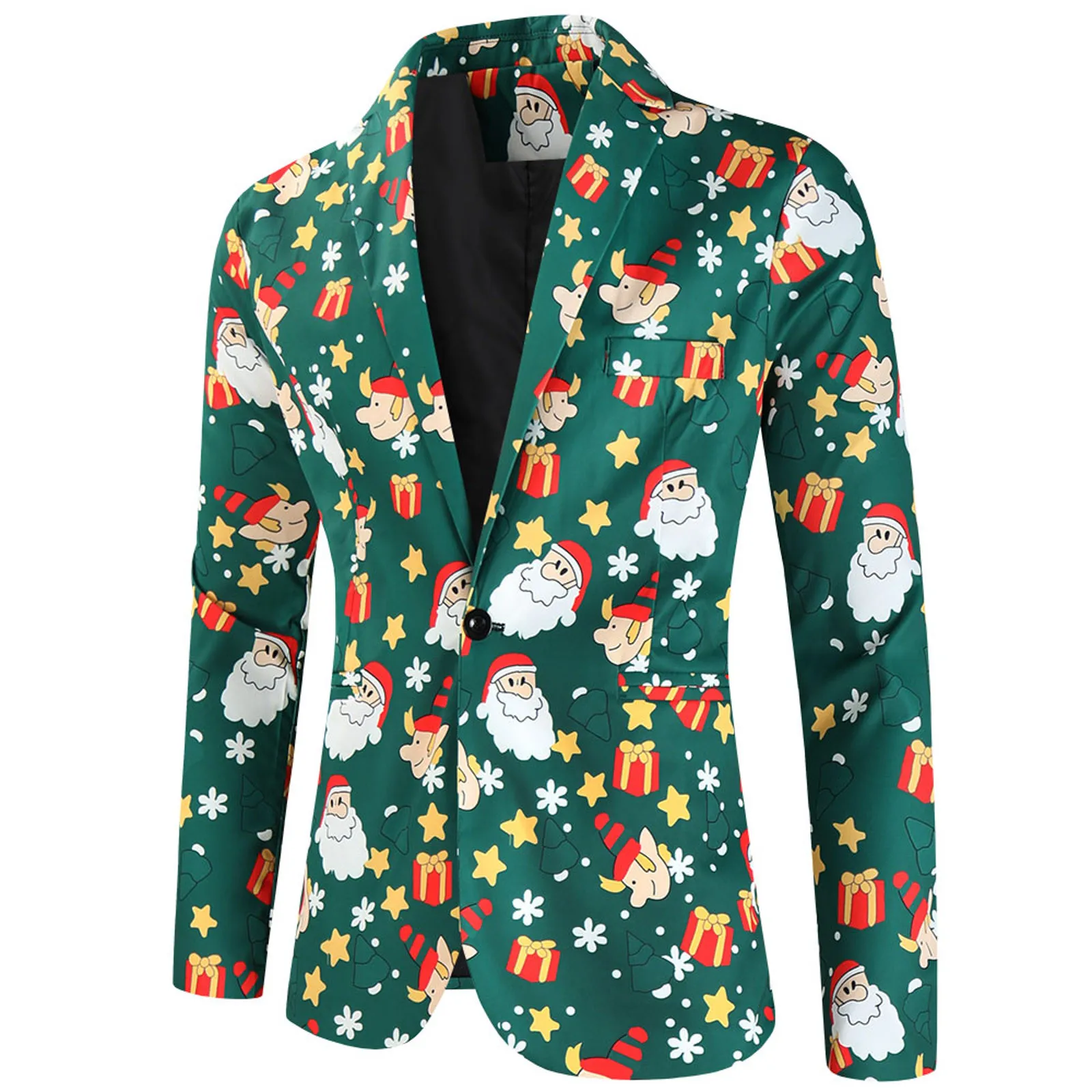 Mens Fashion Leisure Christmas Printed Pocket Buttons long Sleeve V Neck Suit Big Male Suits idle leisure Suit Coat men blazers