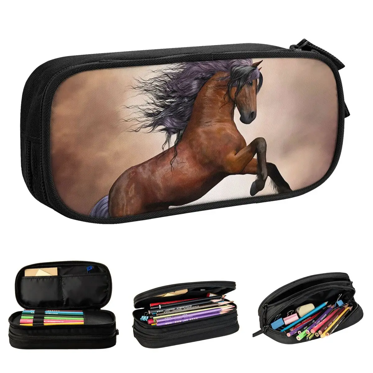 

Fun Beautiful Brown Horse Pencil Cases Galloping Animal Lovers Pencilcases Pen for Girl Boy Large Storage Bags Office Stationery