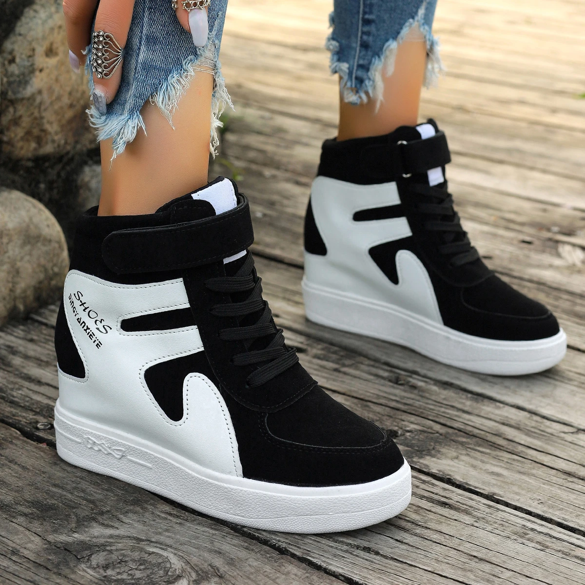 Sneakers Women New High Top Platform Casual Wedges Sneakers Autumn Winter Female Black Internal Increase Vulcanize Women Shoes 6