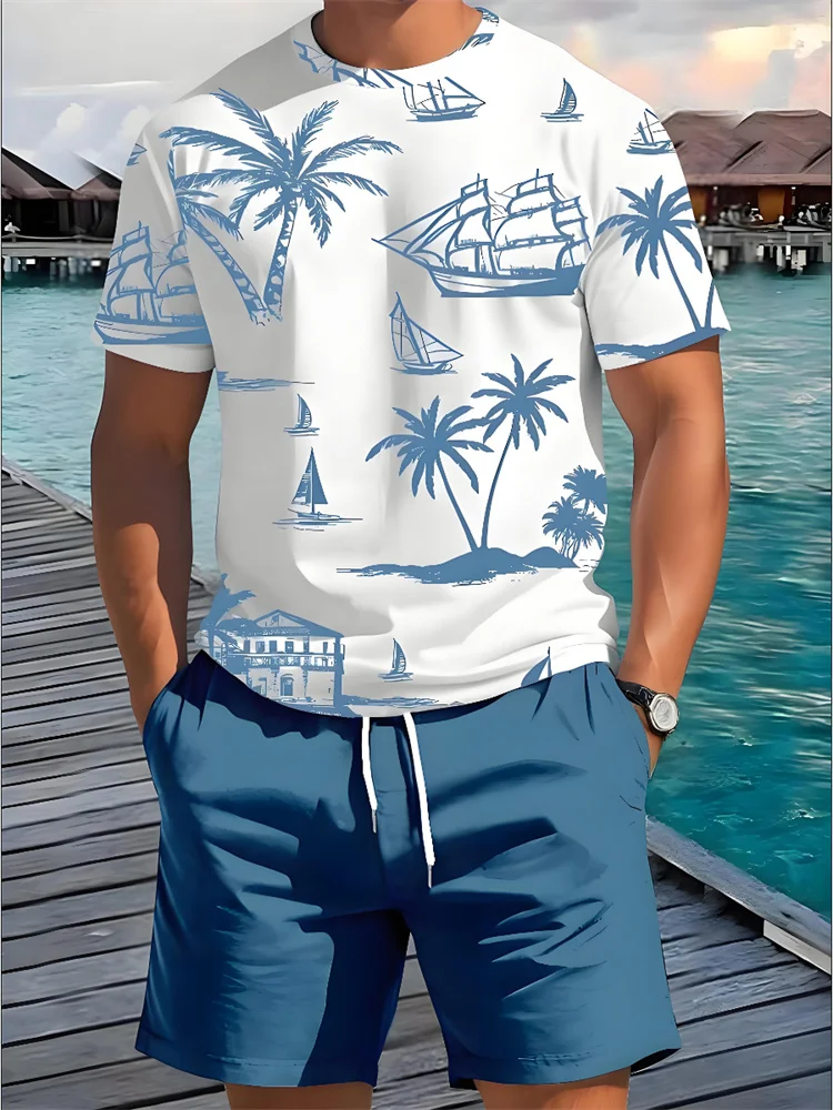 Shirt And Shorts Set Men Summer Hawaiian Printed Outdoor Sports