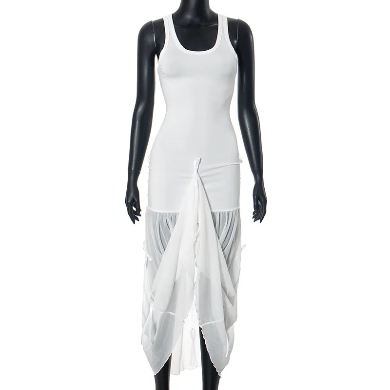 Tee Bow Mesh Patchwork Long Dress Women's Bandage See-Through Beach Holiday Party Dress Elegant Slim Maxi Dress Summer New