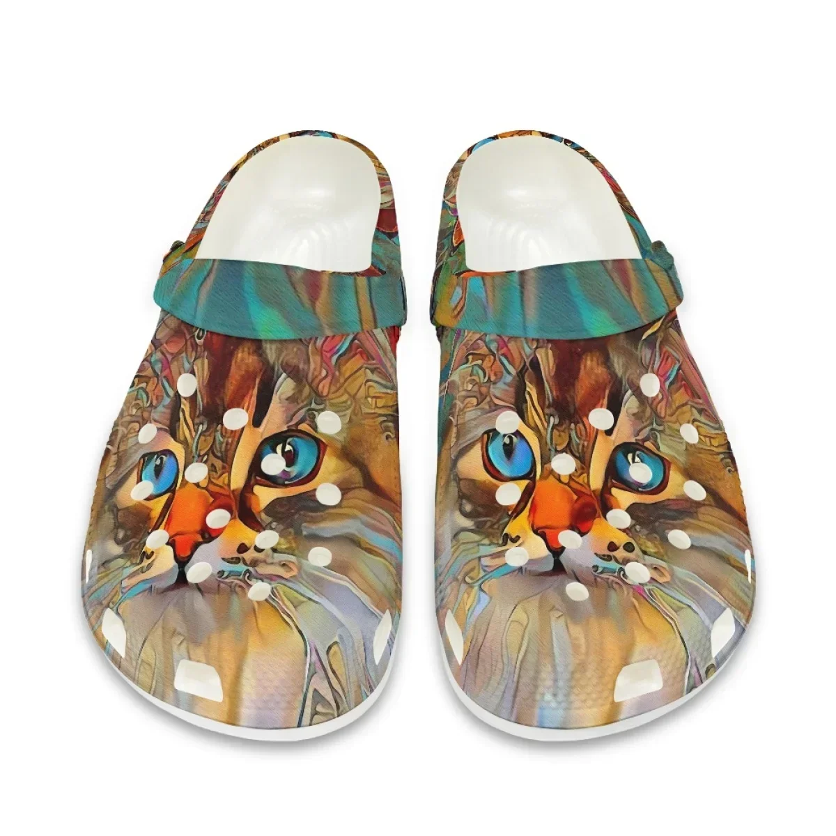 Non-Slip Summer Indoor Hole Slippers Oil Painting Cat Design Unisex Lightweight Sandals Outdoor Slip Beach Flat Clogs Zapatos