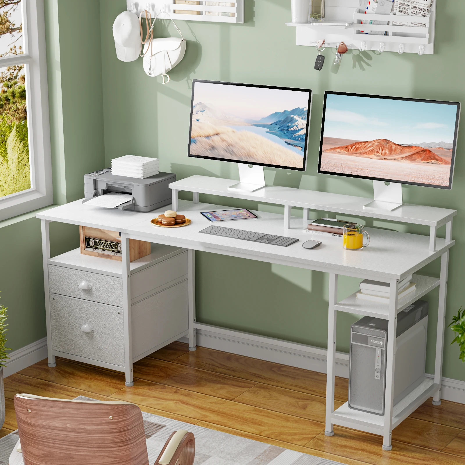 Satifur 93 inch 2-person Office Desk with Power Sockets and LED Lights,61in Computer Desk,Home Work Desk,Monitor Stands, Drawers 5