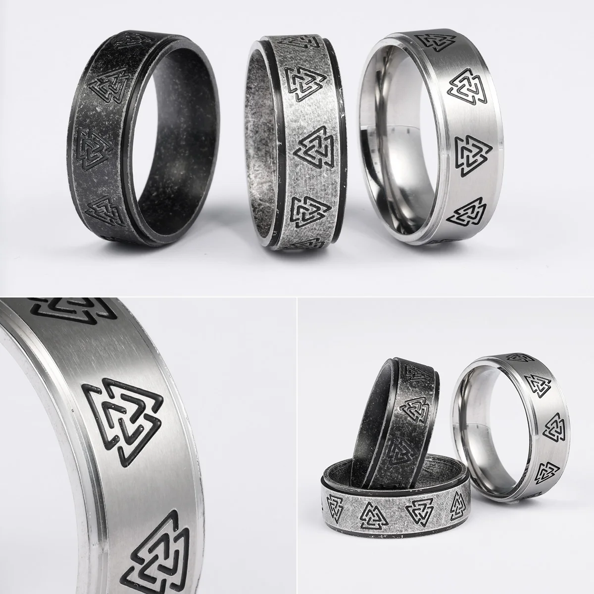 Vintage Black Viking Odin Triangle Ring - Stainless Steel Jewelry, Punk Rock Fashion Accessories, Gift Wholesale