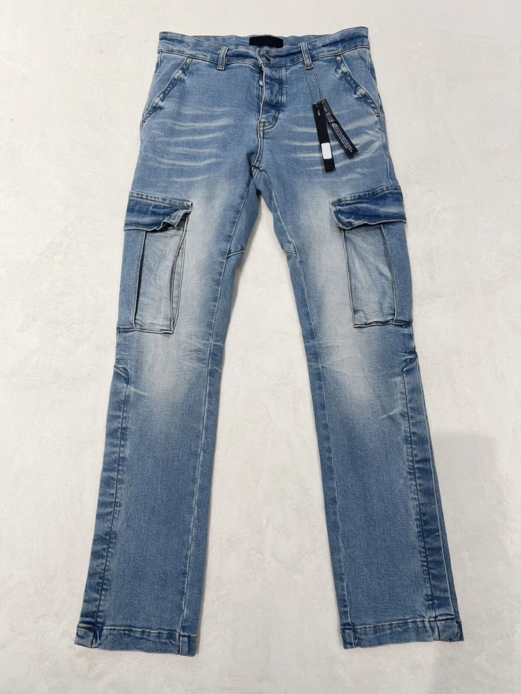 

Euramerican Fashion Men's Jeans AM New Arrival Large Pocket Pleated Denim Trousers Hiphop Male Slim Stretch Denim Pencil Pants