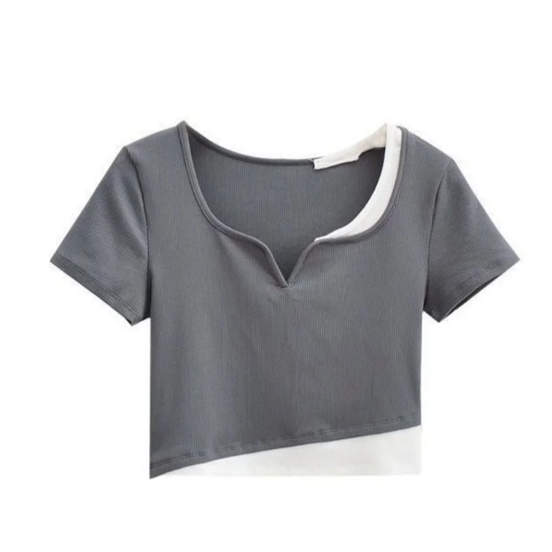 Summer New Short Sleeved Top Splicing Design Feels Slim and Tall, Black Split Half Skirt Women's Two Piece Set