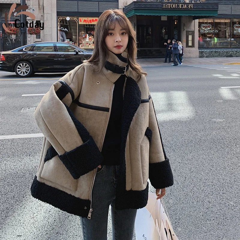 

Cotday Wool Lamb Fur Loose Casual Korea Style Female Winter Warm Turn-down Collar New Women's Short Thickened Jacket Coat X1135