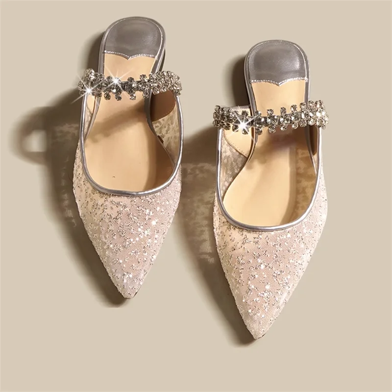 

Crystal Strap Low Heel Slippers Pointed Toe Female Pumps Simple Sandals Slip On Shallow Women Mules Zapatos Mujer