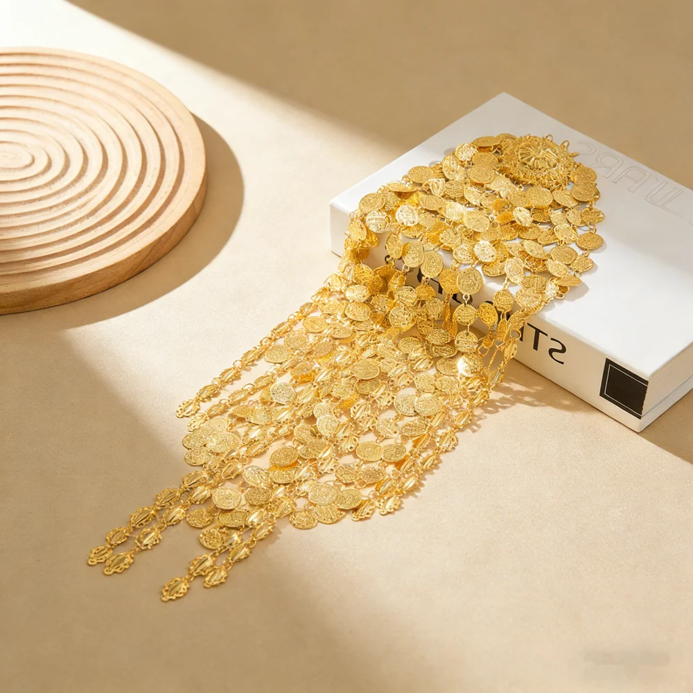 غطاء الرأس الذهبي بعملات متدلية – تصميم شرقي فاخر