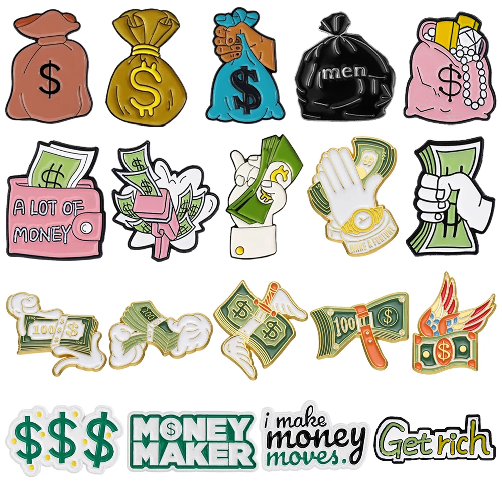 Broche esmaltado de dinero de dólar, monedero, fabricante de dinero, bolsa de dinero de dibujos animados completamente cargada, insignia de Metal, alfileres de solapa para ropa, joyería, regalo para Amiga