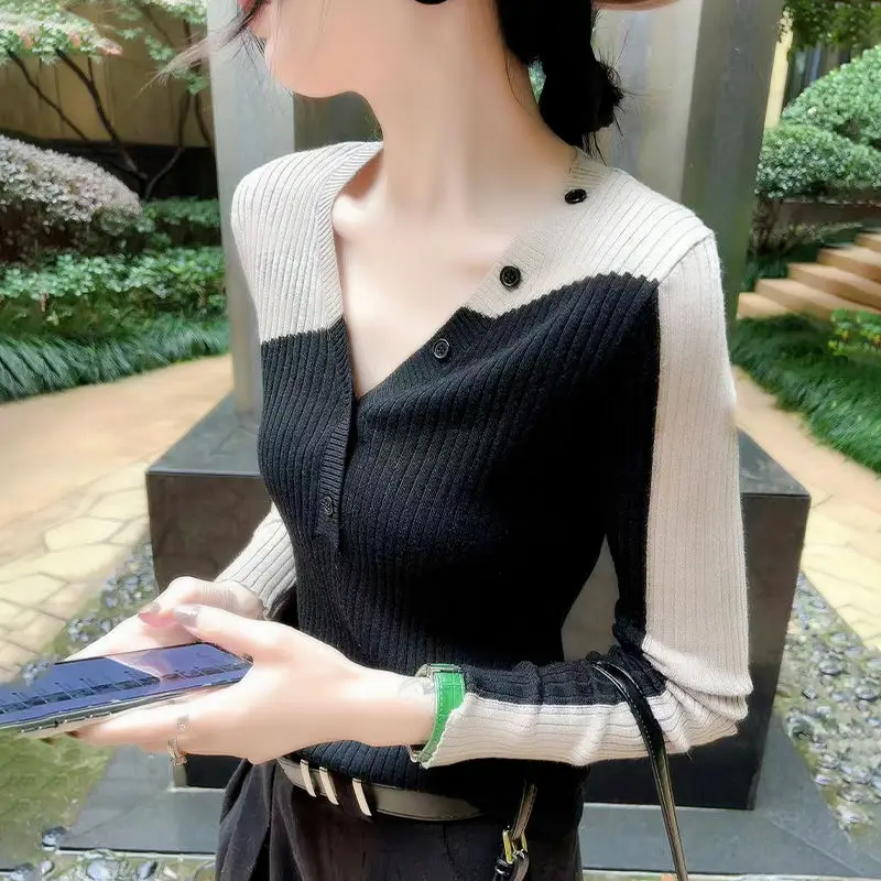 

Autumn Winter Women Contrast Color Elegant Basic Knitwear Sexy V Neck with Button Knitted Sweater Long Sleeve Slim Pullover Tops