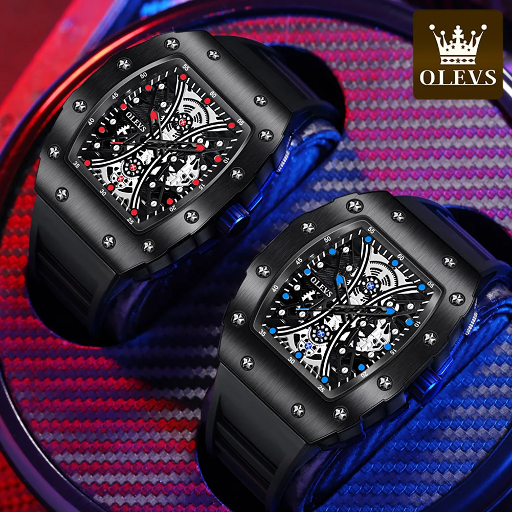 OLEVS Top Brand Fashion Tonneau Quartz Watch for Men Black Rubber Strap Skeleton Design Sports Mens Watches Relogio Masculino