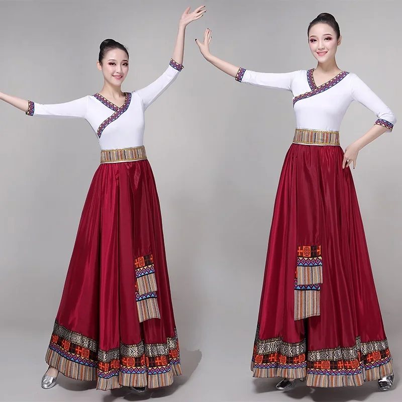 

Традиционный китайский костюм, танцевальная одежда, народный костюм, праздничный Тибетский наряд для выступлений, длинная юбка для женщин, танцевальный костюм, 12647