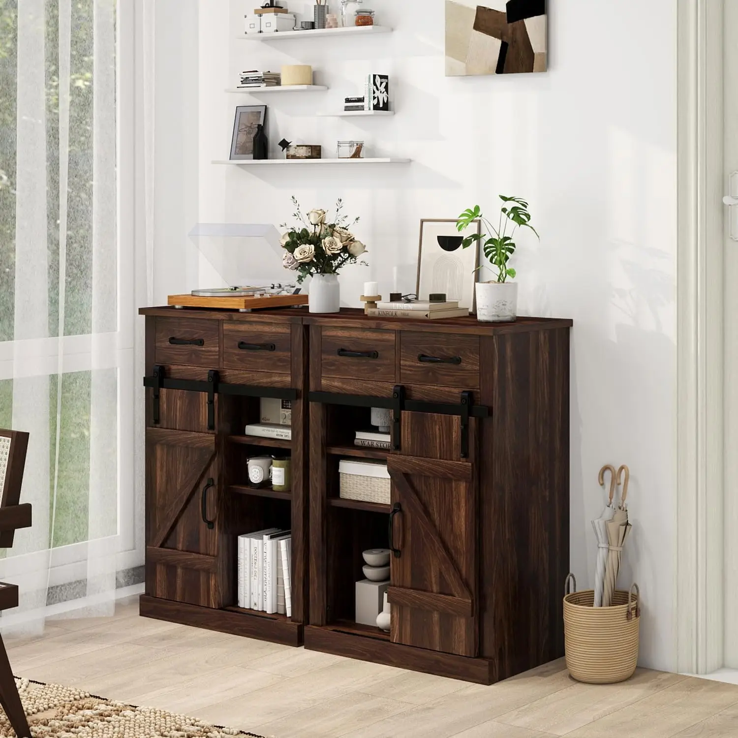 Farmhouse Storage Cabinet Modern Buffet Sideboard with 2 Drawers & Barn Door Freestanding Kitchen Pantry Coffee Bar Cabinet