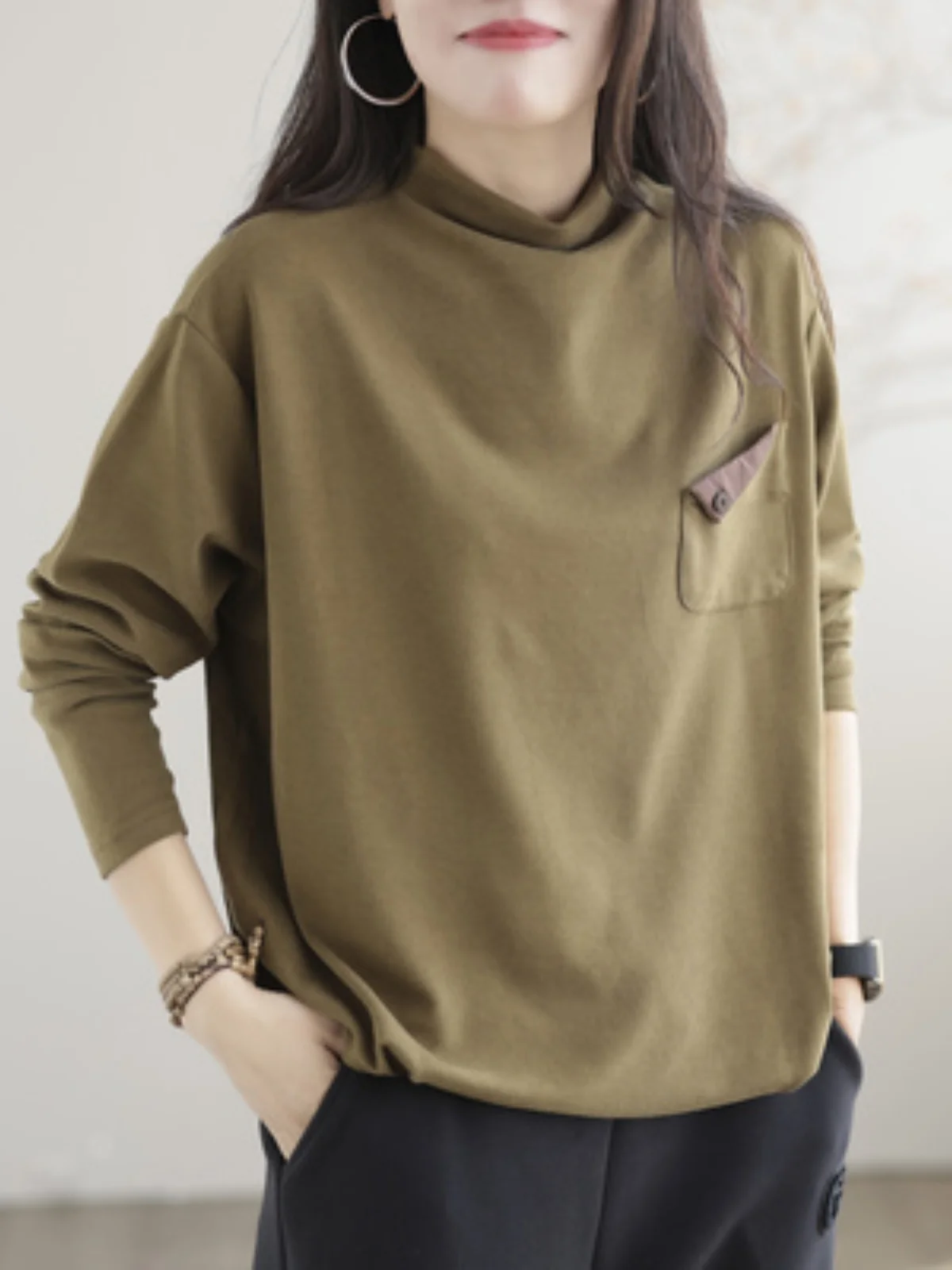 Retro Loose Long Sve f High Collar Casual T-irt Women's Faionable Base Layer Top Autumn New Sle Small irt