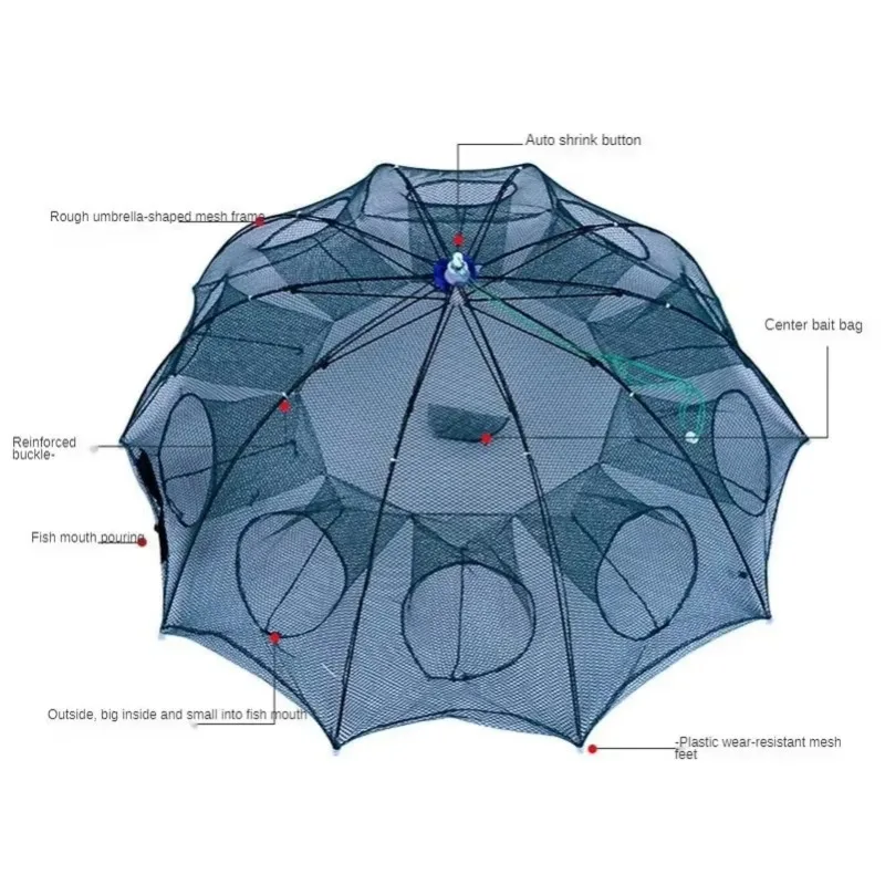 4-16 Holes Strengthened Fishing Net Shrimp Cage Foldable Nylon Automatic Umbrella Shape Fish Trap Cast Folding Landing Net