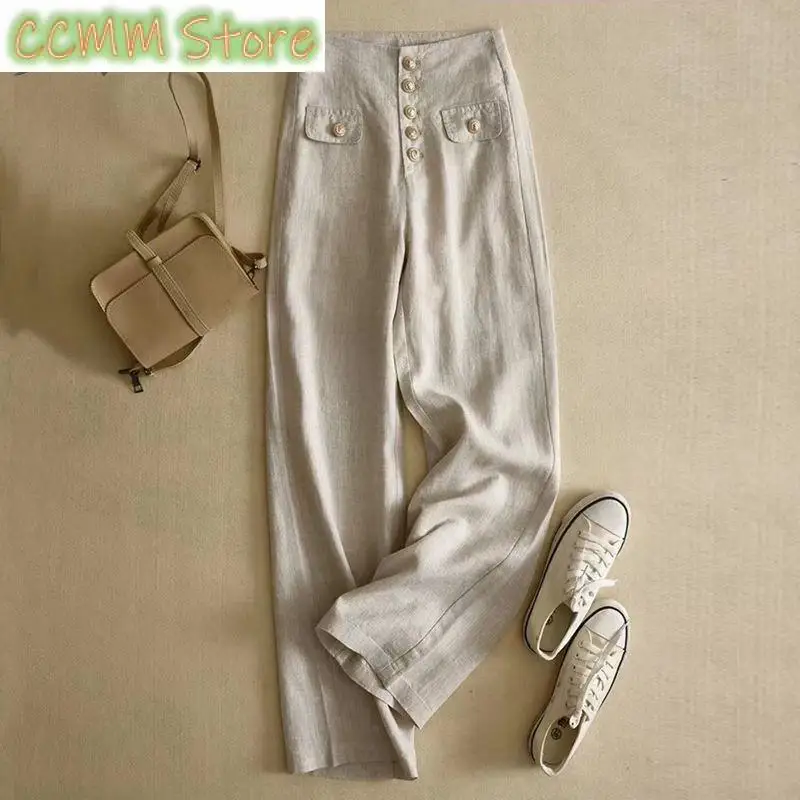 Classic Style Suit Pants Wide-LegPants Women High Waist Drooping Women'sPants Loose Slimming Cotton and Linen Trousers Trousers