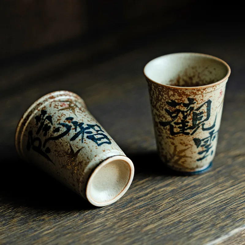 45ml Blue And White Flint Red Ceramic Tea Cup Hand Written Calligraphy Single Master's Cup Small Smelling Fragrant Mug Tea Pair