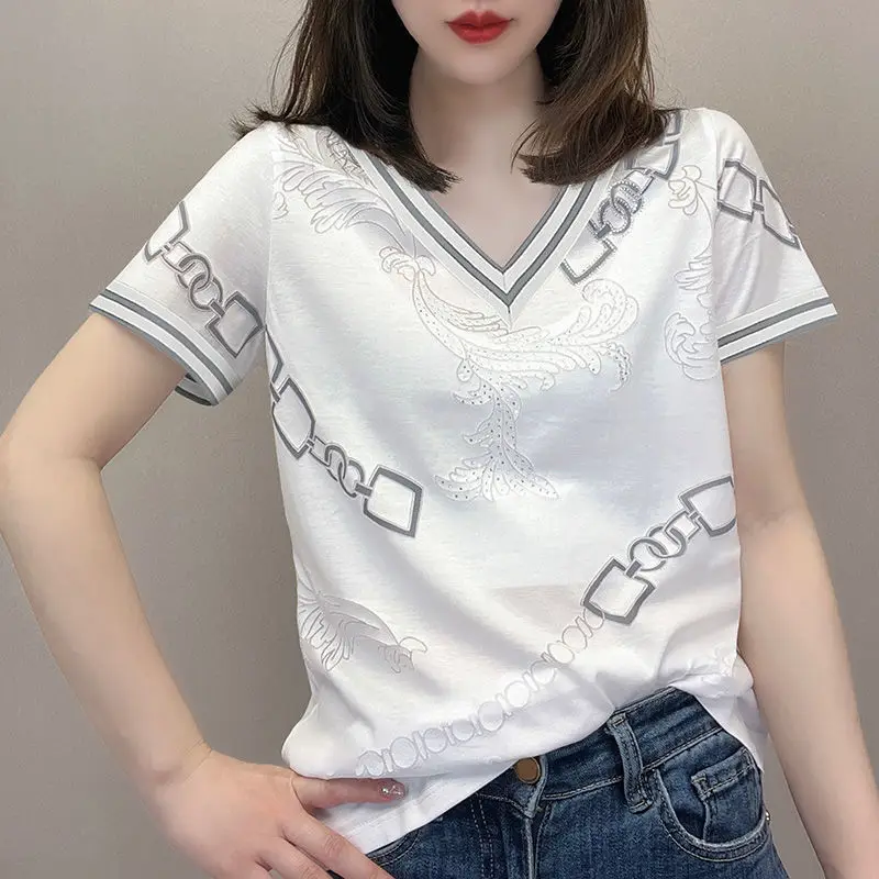 

T-shirt for Women's Cotton Color Matching Minimalist Printed Round Neck Casual Short Sleeve Diamonds Patchwork Fashion Tops