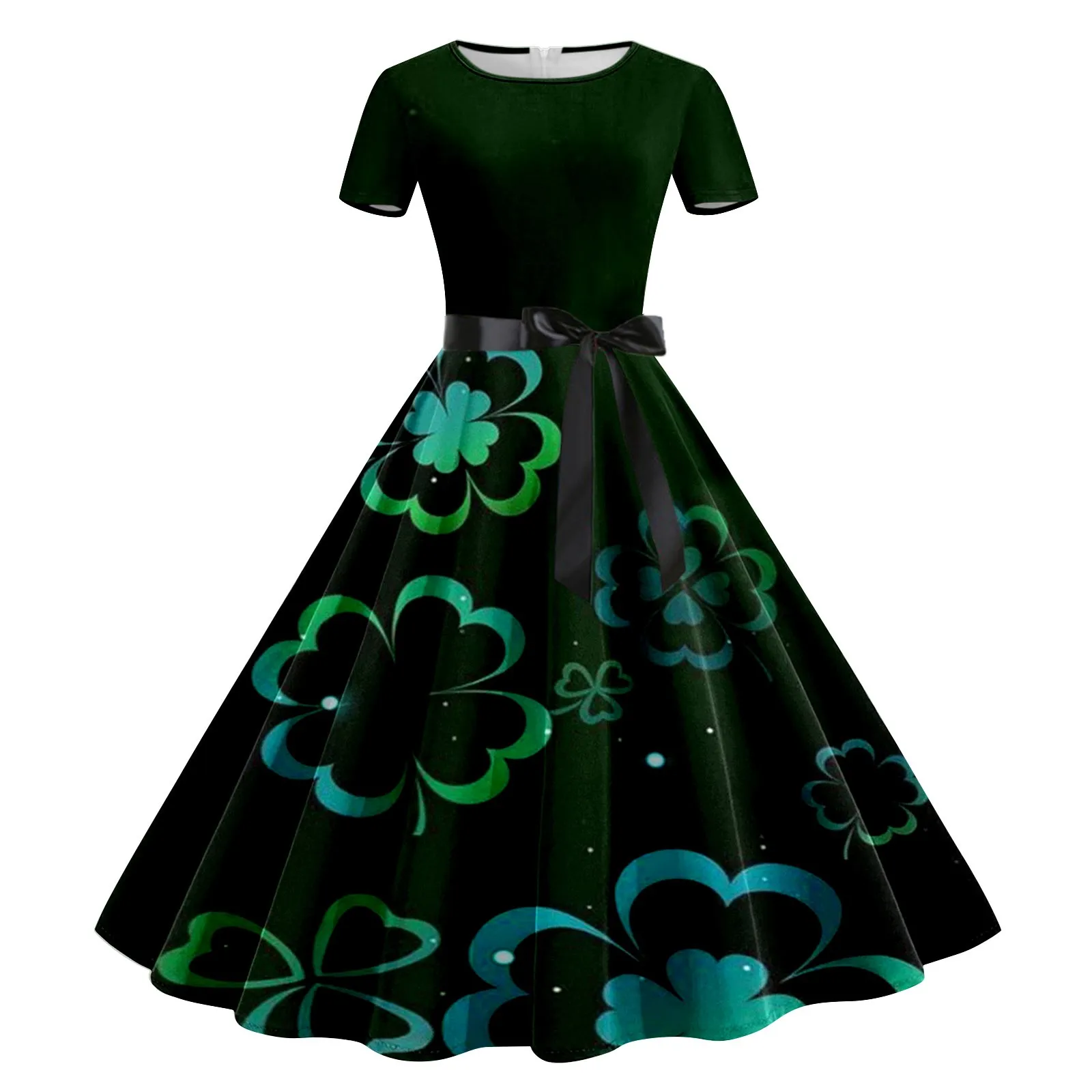 

Women Holiday Green Short Sleeve Long Casual Short Sleeve Day Off Round Neck Tops Dress Oversized floral dress
