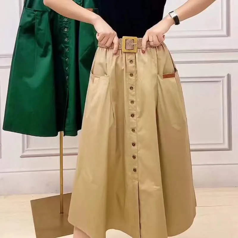 

New Summer Womens Skirt High Waist Slit Large Pockets Loose Long A-line Skirts Female Casual Skirts Single-breasted Give Belt