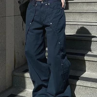Jeans for Woman Y2k Clothes Relaxed Loose Fit Wide Leg Trousers Vintage American Retro Style with Rivet Patchwork Split Design - Image 4
