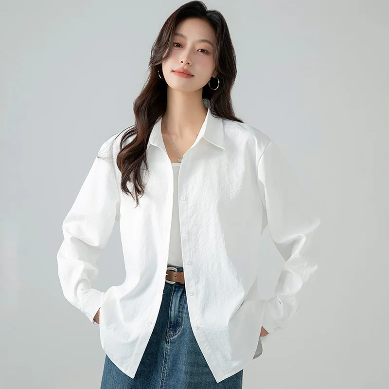 New Women'S Spring Autumn Loose Versatile Commuter Casual Top Simple Solid Color Professional Base Collar Long Sleeve Shirt Lady