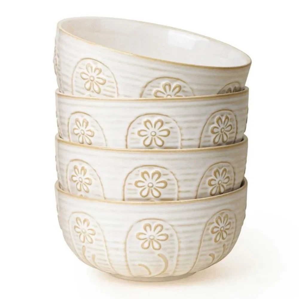 

Cereal Bowls Set of 4, Embossment Ceramic Ramen Bowl, 6.3 Inch White Salad Bowls, Large Dinner Bowl,Pasta, Microwave Safe