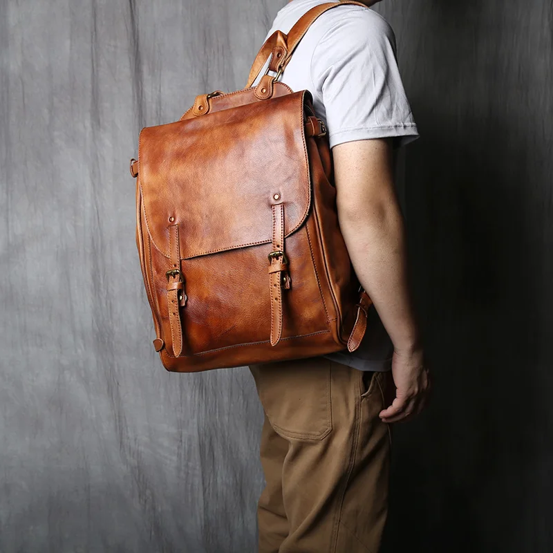 NZPJ Vintage Leather Men's Backpack Natural Cowhide Travel Bag Fashion Trend Schoolbag Casual Computer Bag For 14 Inch Laptop