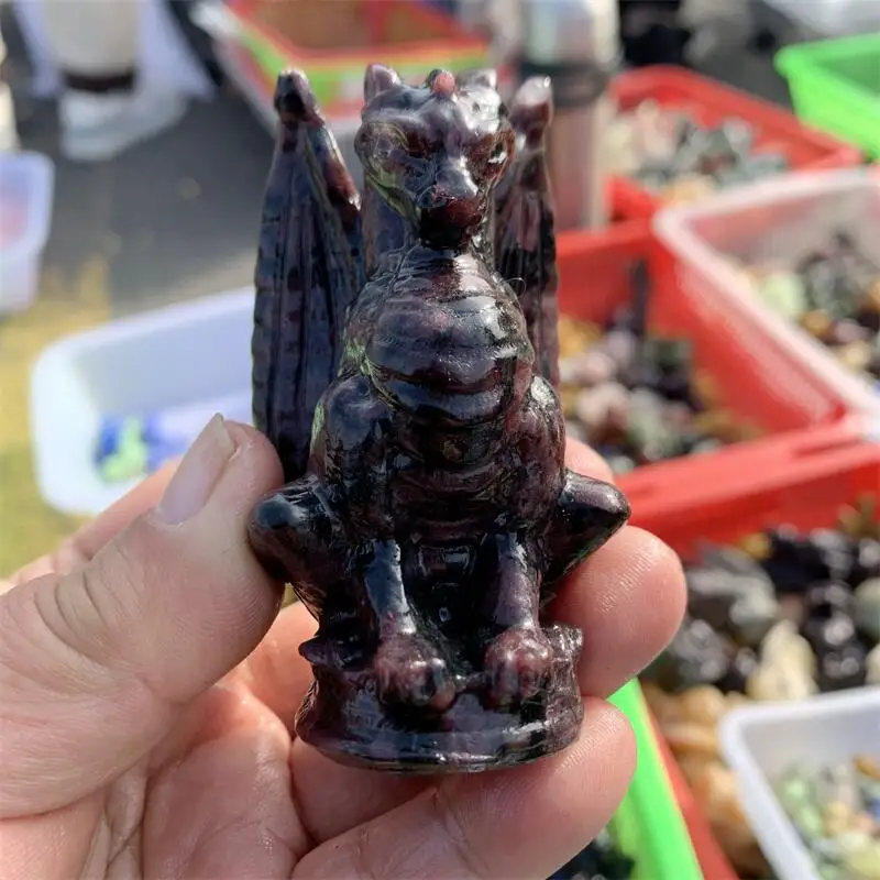 Natural Garnet Dragon Carving Statues Stones Healing Fengshui Home Decoration Accessories 1PCS 6