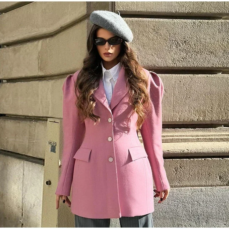 Blazer elegante para mujer, con mangas abullonadas, solapa entallada, botonadura sencilla, cintura ceñida, chaqueta femenina, primavera 2025, ropa de calle para dama