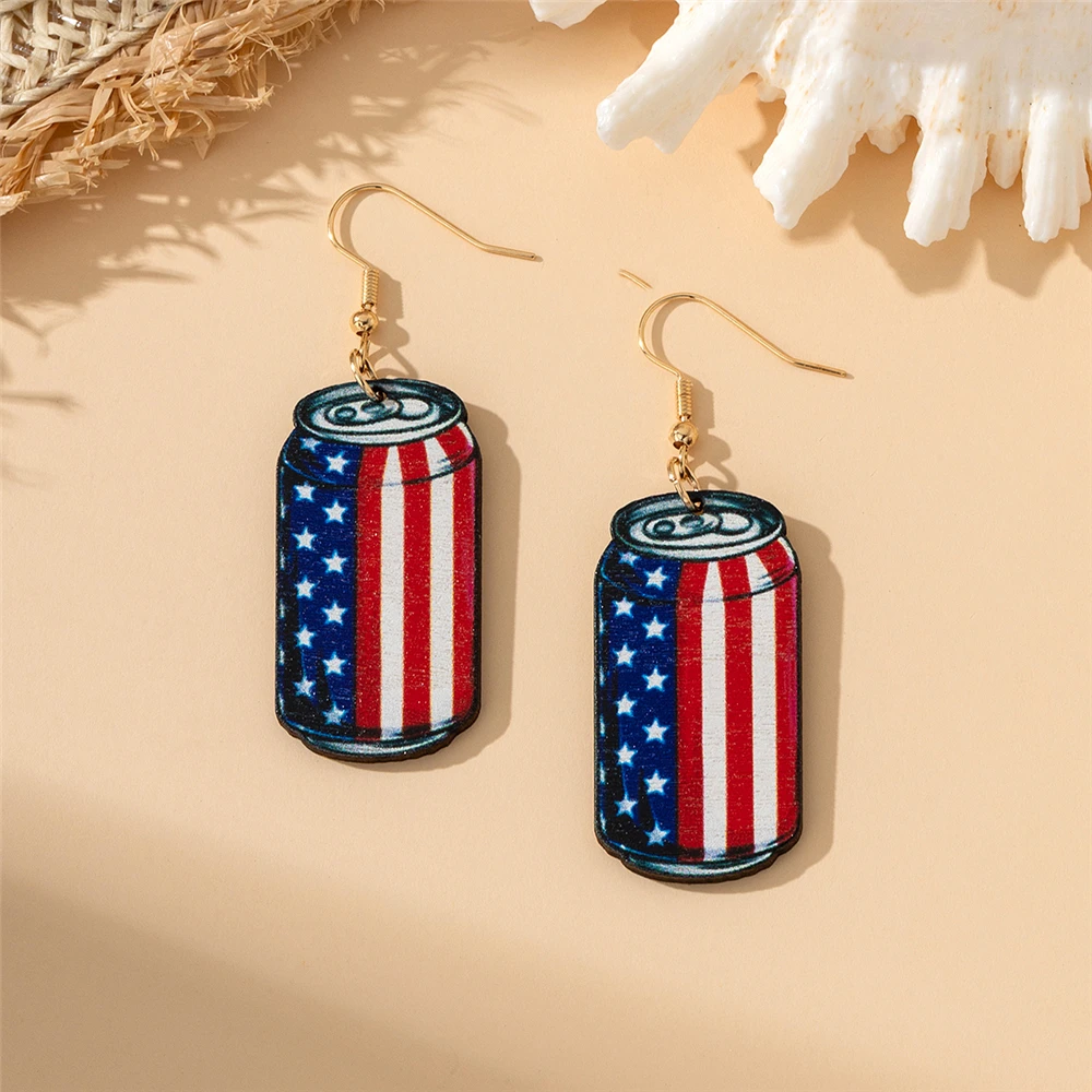 

1 pair of can shaped American flag pattern wooden women's earrings suitable for wearing on Independence Day in the United States