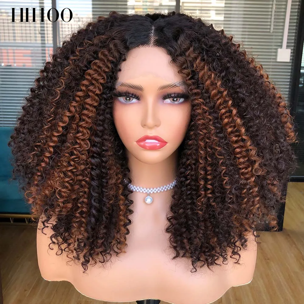 Perruque Bob Lace Front Wig synthétique courte, perruque afro crépue bouclée brun ombré, cheveux naturels moyens noirs, équipement de sauna avec clip pour femmes