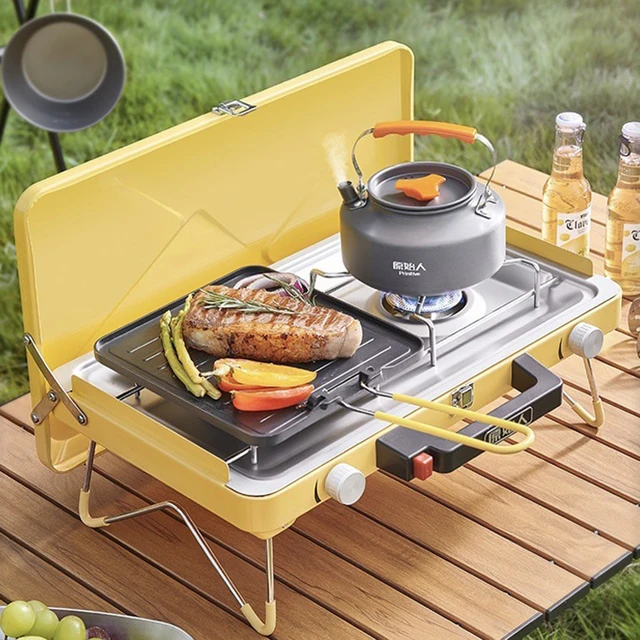 Estufa de Picnic para acampar al aire libre, parrillas de barbacoa  plegables portátiles, dos quemadores, estufa de Gas para acampar, senderismo,  Picnic, suministros de cocina - AliExpress