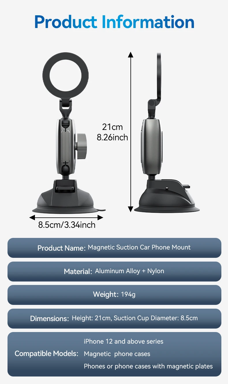 Magnetic Car Phone Holder Suction Cup 360° Adjustable Car Mount Stand For Mobile